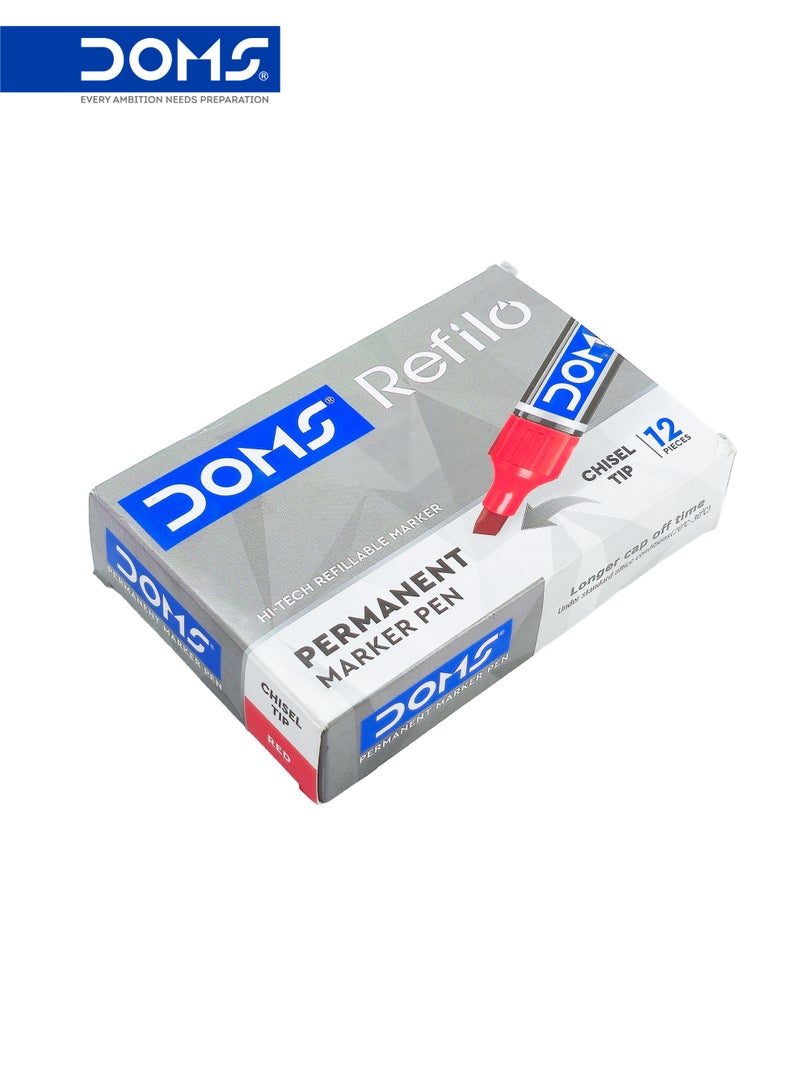 DOMS Permanent Marker Pen, Red Ink, Chisel Tip, Refillable, Pack of 12 - Image 3